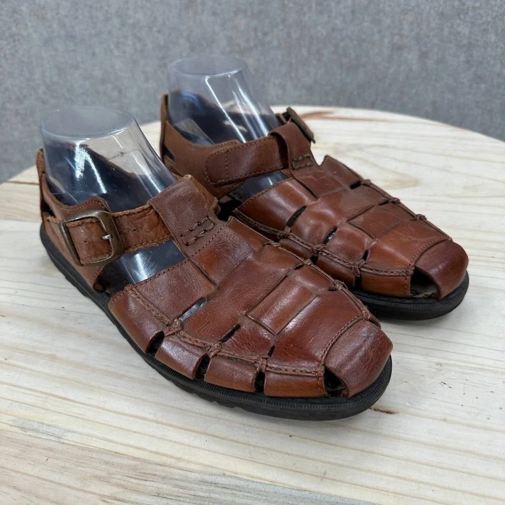 Vintage Fisherman Sandals Mens 8.5 Brown Leather Woven Buckle Strap
